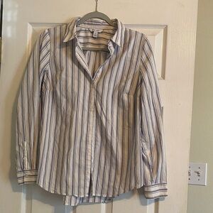 Minimalist boho business casual button up Nine West Blue and White Striped Shirt